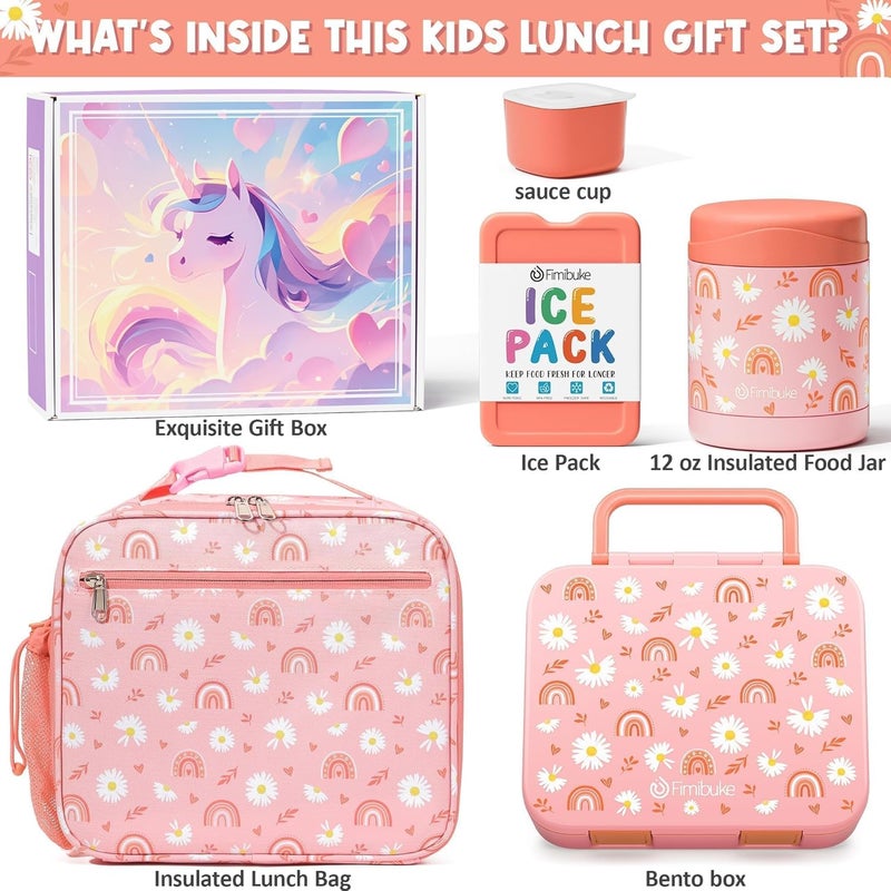 Fimibuke Bento Lunch Box for Kids with Food Ja, 3-Compartment 32OZ Snack Lunch Container, Lunch Bag, 12OZ Insulated Food Jar & Ice Pack Set for Age 3-12 School Daycare Toddler Teen Girls Boy, Rainbow - Image 3